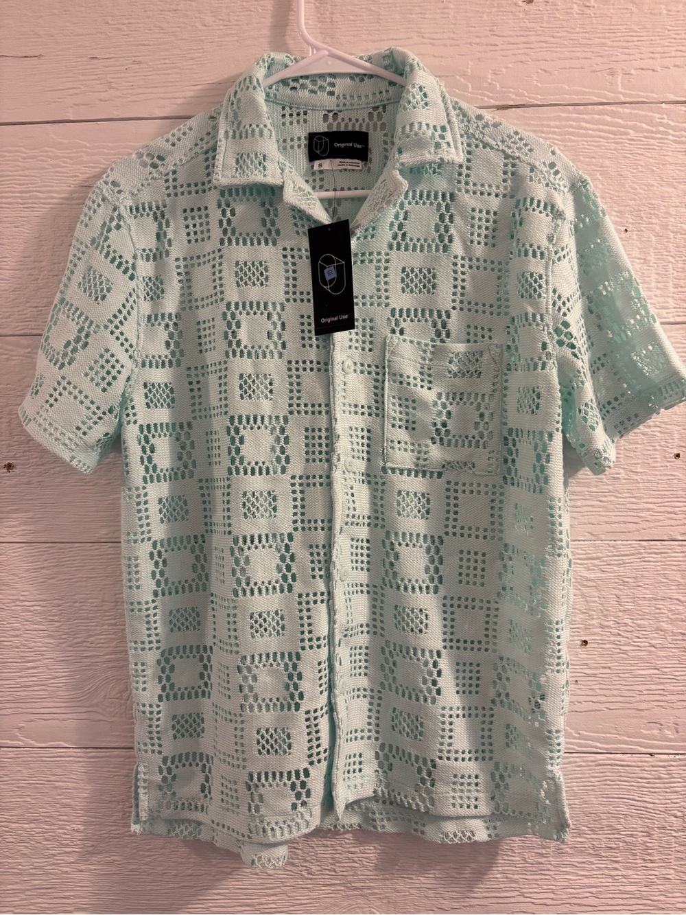 Men's Mint Green Crochet Button-Down Shirt